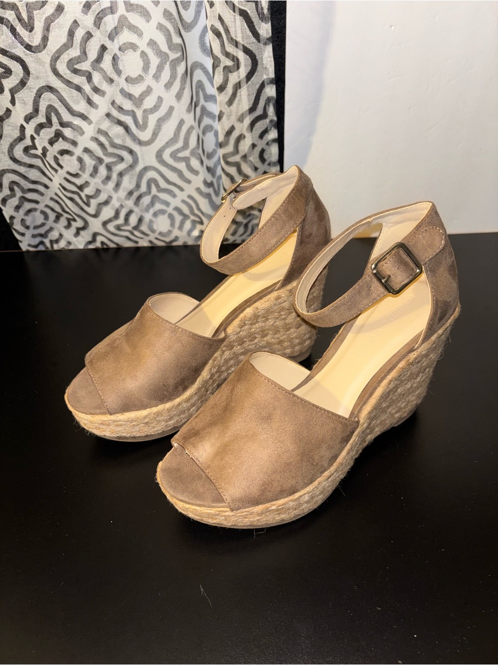 Suede Ankle-Strap Espadrille Wedge Sandals in Taupe